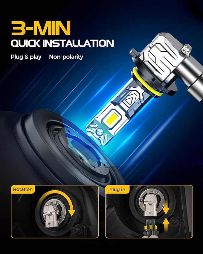 9005 Light Bulbs, 8X Ultra Brightness HB3 9005 Lights, 6500K Cool White Bulbs, Real 1:1 Mini Size Plug and Play, IP68 Waterproof, Pack of 2