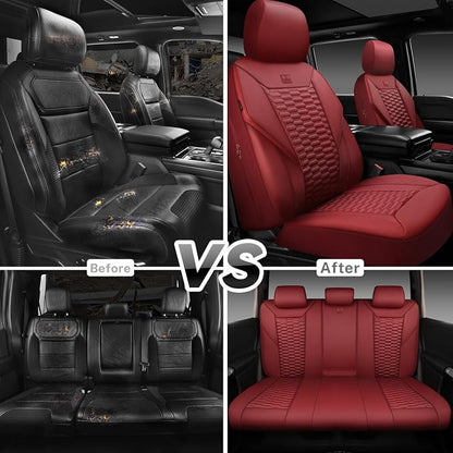 CAR PASS 3D Foam PU Leather Car Seat Covers Full Set,Luxury Breathable Faux Leather Seat Covers for Car,Anti Slip Universal Fit for SUVs Vans Sedan Trucks Automotive,Armrest Airbag Compatible Burgundy