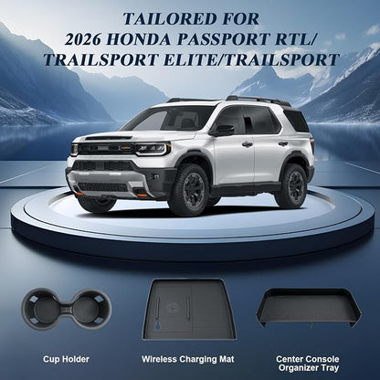 BIBIBO for 2026 Honda Passport Center Console Organizer 2026 Honda Passport Center Console Organizer Tray+Cup Holder +Wireless Charging Mat 2026 Passport Insert Cup Holder Organizer-3Packs