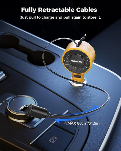 SUPERONE 3-in-1 Car Charger with Retractable Cords, USB C Charger Car Adapter Compatible with iPhone 17/16/15/14/13/12 Pro Max Samsung Android Phones