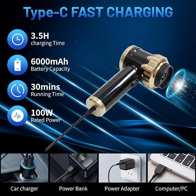 Cordless Handheld Vacuum Cleaner, Rechargeable Portable Car Vacuum with LED Light, 2 HEPA Filters & Multi-Nozzles, High Power Wet/Dry Vacuum for Car, Home, Pet Hair