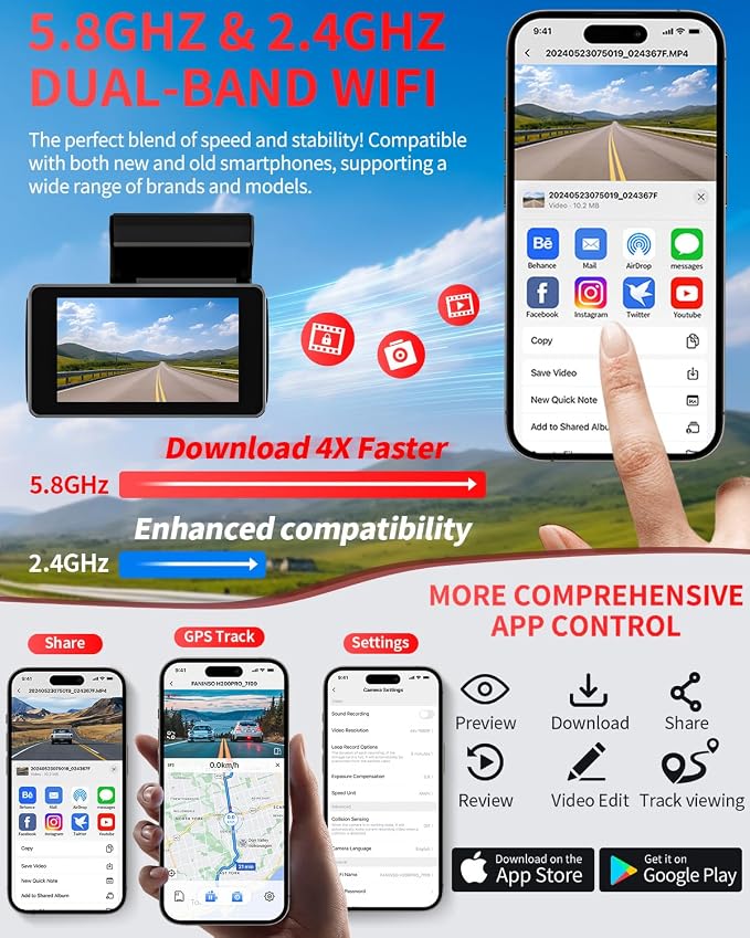 Dash Cam Front and Rear, 4K Full HD Dual Dash Camera for Cars, Built-in Memory Card Monitoring, 64GB Card, 5G WiFi GPS, Car Camera with 3" IPS Screen, 2160P Night Vision, 24H Parking Monitor