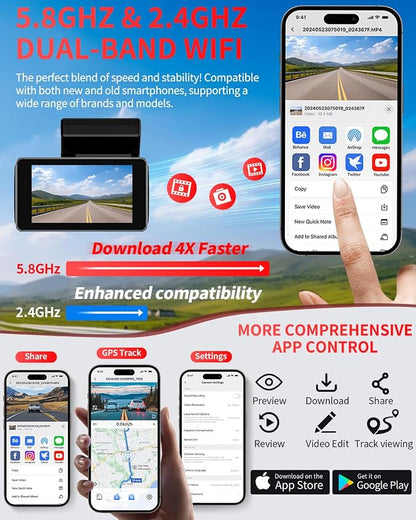 Dash Cam Front and Rear, 4K Full HD Dual Dash Camera for Cars, Built-in Memory Card Monitoring, 64GB Card, 5G WiFi GPS, Car Camera with 3" IPS Screen, 2160P Night Vision, 24H Parking Monitor