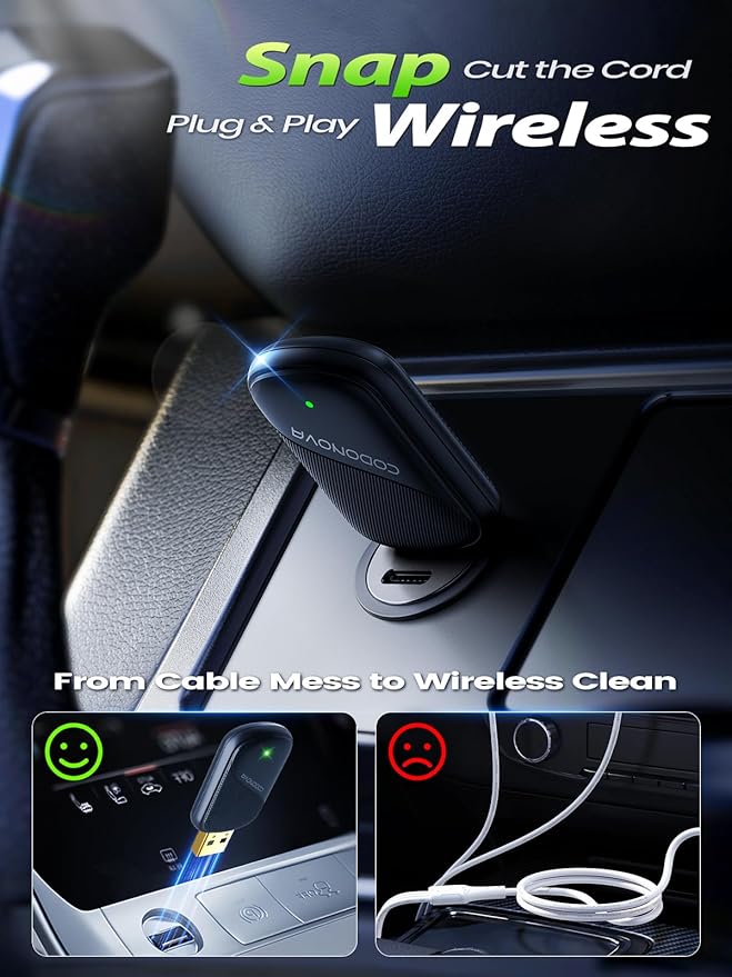 Mini Wireless CarPlay Adapter for Apple iPhone & Android Auto - Convert Wired to Wireless, Gold-Plated USB, Fast, Stable & Auto Reconnect in 5 Seconds, for OEM Wired Apple CarPlay Cars 2016+