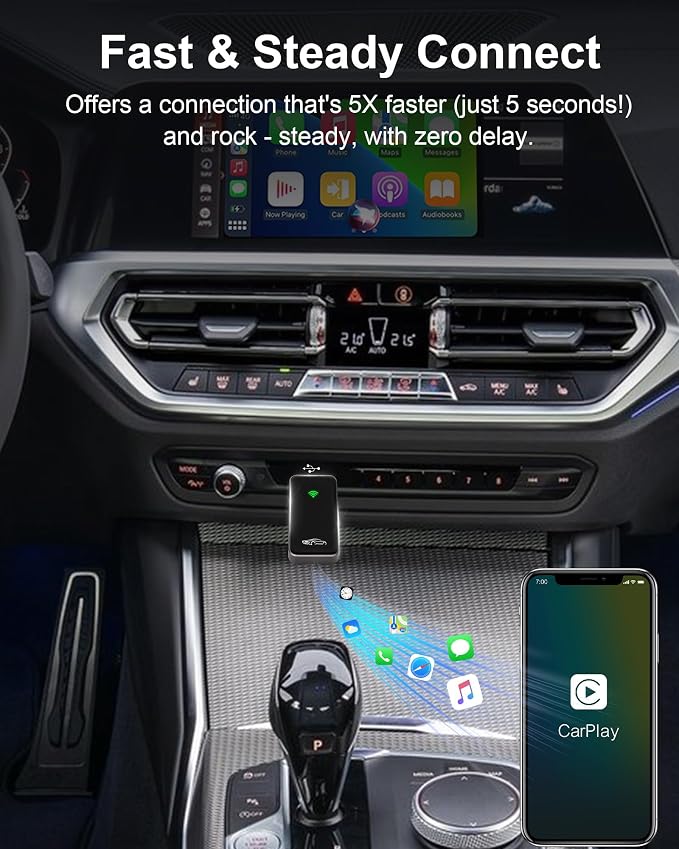 Wireless CarPlay Adapter for iPhone, Zinc Alloy & Tempered Glass Edition - Reliable 5.8GHz Wireless Dongle for Factory Wired CarPlay Cars, Instant Connection, No Overheating, Plug & Play