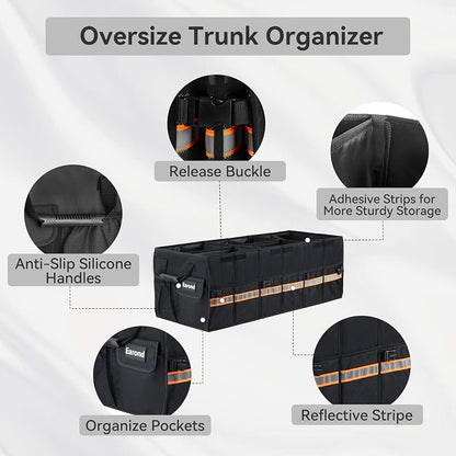 Car Trunk Organizer with Lid,Collapsible Car Storage Organizer with Multi Compartments and Securing Straps for SUV,Sedan,Jeep-Black