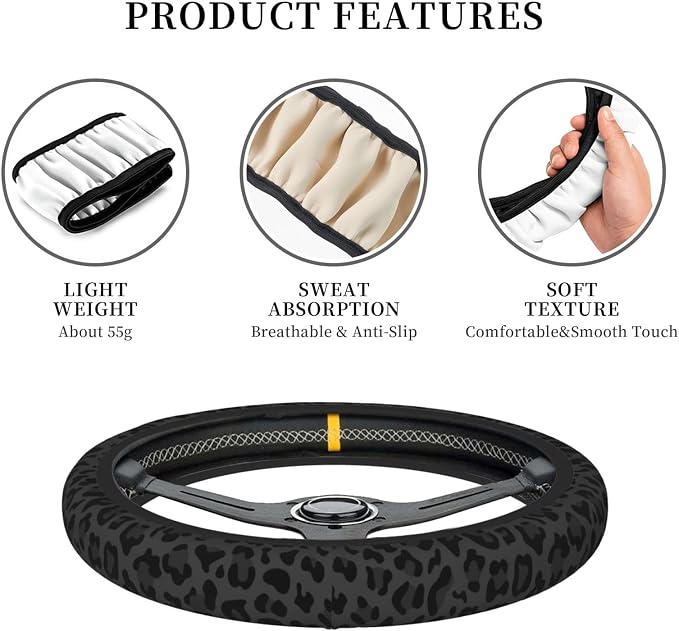 Black Leopard Print Cheetah Elastic Steering Wheel Cover for Women,Universal Auto Steering Wheel 14-15 Inch Car Interior Accessories with 2PCS Car Coasters,Suitable for Men and Women