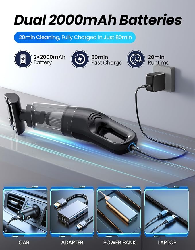 Handheld Vacuum Cordless, 26,000 Pa High Power Suction, Portable Rechargeable Car Vacuum Cleaner for Home, Office, Pet Hair, Car Detailing, Black