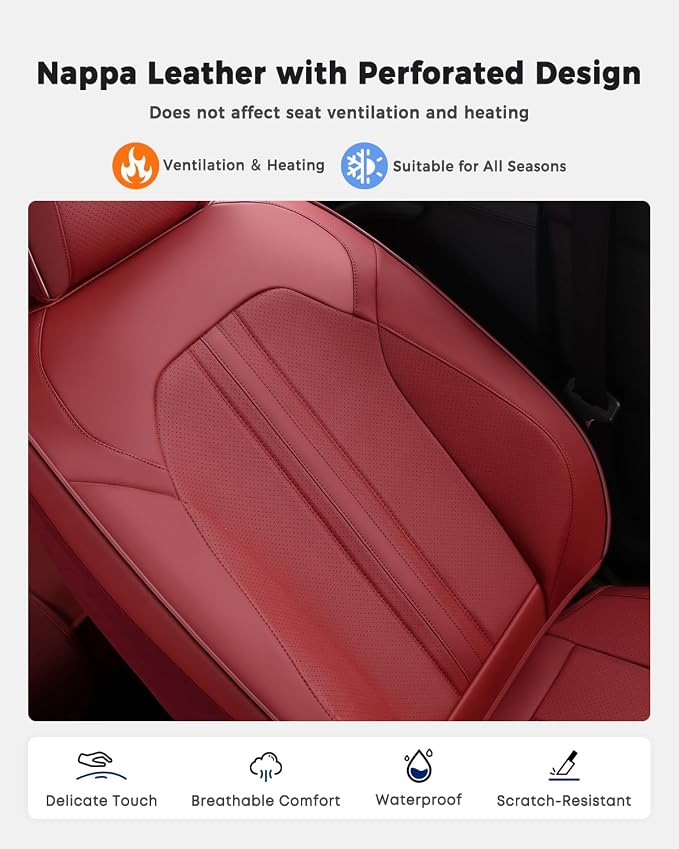 Huidasource Red Seat Covers, Luxury Faux Leather Car Seat Covers, Velcro Adjustable, with Airbags, Child Seat, Perforation Cooling＆Heating, Universal Fit for Most Cars, Vans, Trucks, SUVs, Red