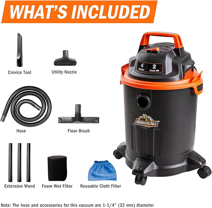 Armor All VO405P 0901 4 Gallon Wet/Dry Vac 2.0 Peak HP Shop Vacuum with Nozzles & Brush,Black/Orange