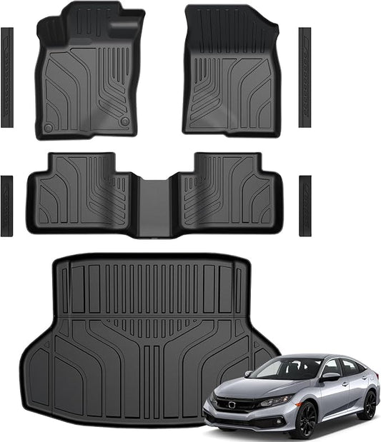 Floor Mats for Honda Civic 2016-2021, All Weather Floor Mats Trunk Cargo Liner and Door Sill Guards Accessories, Full Coverage Set (Fit Sedan Models)