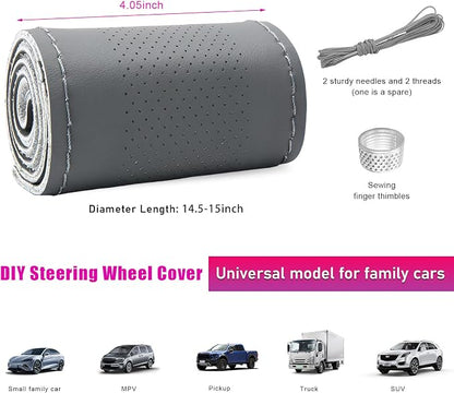 Ziciner Genuine Leather Steering Wheel Cover, Stitch on Wrap, Breathable Anti-Slip Car Steering Wheel Protector for Max Diameter 15 Inch, DIY Sewing with Needles Thread (Gray, Middle Hole)