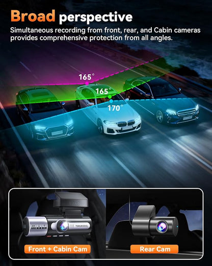 4K Dash Cam Front and Rear, Full HD 3 Channel Dashcam, Free 128GB Memory Card, Built-in 5.8GHz WiFi Built-in GPS, Collision Sensor, Night Vision, 3.16" IPS, 24H Parking Mode（Black）