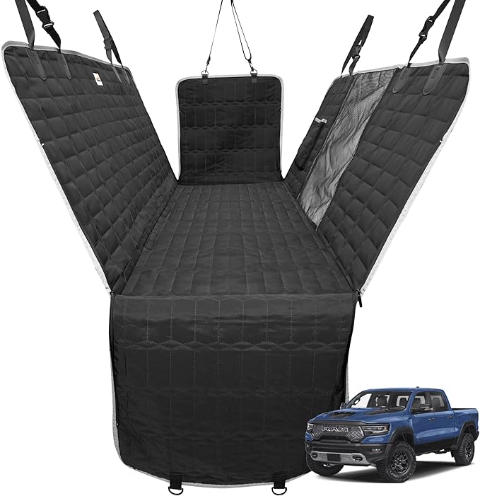 Reliadura Dog Car Seat Cover for Trucks, Waterproof Back Seat Hammock with Mesh Window and Side Flaps, Rear Protector for Ford F150 Ram 1500 Silverado Sierra
