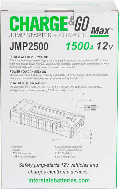 Interstate Batteries Jump Starter and Charger 12V 1500A (25,000mAH, 25Ah) Portable LED Jumpstart Battery Power Pack for 12 Volt Automotives, USB Electronics (JMP2500)