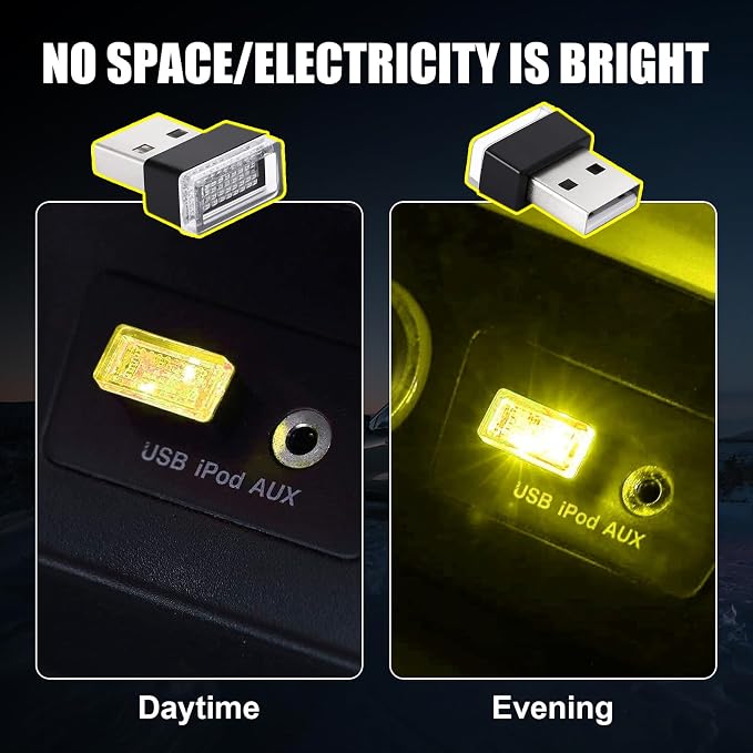 Ziciner 4 PCS USB LED Car Interior Atmosphere Lamp, Portable Mini LED Night Light, Plug-in USB Interface Trunk Ambient Lighting Kit, Universal Car Interior Accessories (Yellow)