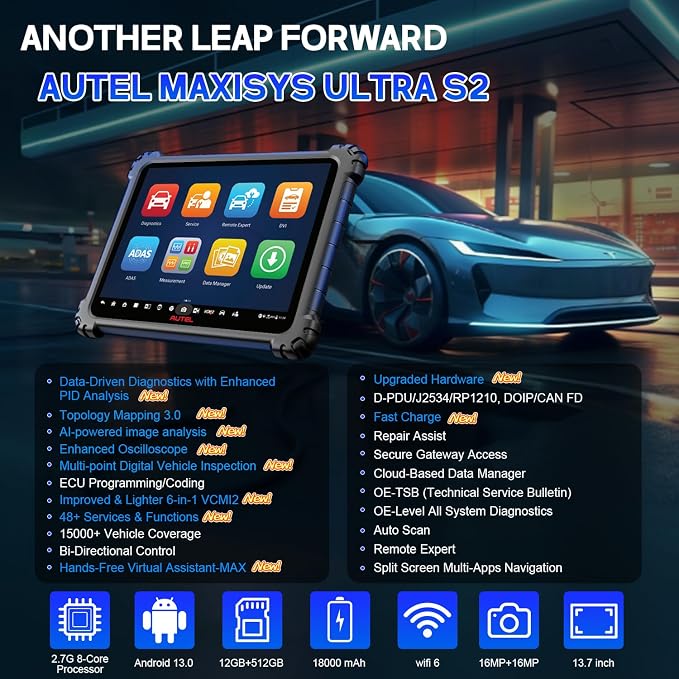 Autel MaxiSYS Ultra S2 OBD2 Scanner, New Diagnostic with AI, Upgraded MS Ultra, 6-in-1 VCMI2, Topology 3.0, EV Tests, WiFi 6, 48+ Services, Motor Truspeed Repair, Multi-Point DVI, ECU Programming