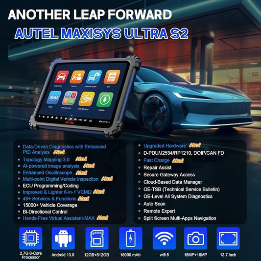Autel MaxiSYS Ultra S2 OBD2 Scanner, New Diagnostic with AI, Upgraded MS Ultra, 6-in-1 VCMI2, Topology 3.0, EV Tests, WiFi 6, 48+ Services, Motor Truspeed Repair, Multi-Point DVI, ECU Programming