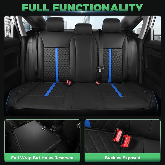 for Honda Civic Leather Seat Covers, Sedan LX 2016 2017 2018 2019 2020 2021, Custom Fit Car Seat Cover Full Set, Waterproof Accessories, Black Blue (Solid Bench Seats- W/O Rear Armrest)