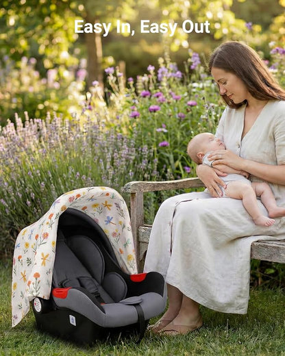 Rquite Infant Car Seat Cover for Babies Girls, 100% Muslin Cotton Carseat Canopy, Breathable Stroller Sun Shade, Baby Shower Gift & Newborn Essentials, Universal Fit Summer & Hot Weather (Floral)