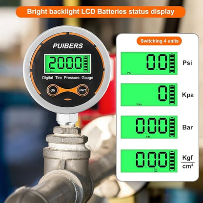 Digital Oil Pressure Gauge 1/4 NPT 200 PSI，Media Oil, Air or Water Pressure Gauge 304 Stainless ±0.25% Accuracy,Suitable for Home Water Pipe, HVAC,Air Pressure Measuring