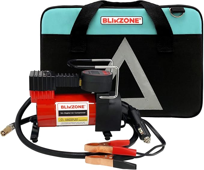 BLIKZONE Emergency Roadside Kit for Car –81-Piece Auto Safety Set with Digital Air Compressor, Jumper Cables, Flat Tire Repair Tools & Compact Storage Bag
