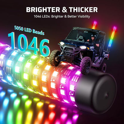 Ehaho 3FT Fat Whip Lights for UTV ATV, Led Fatty Whip Light W/Rocker Switch & 3 Flags, Brighter Spiral Chasing Lighted Antenna Whip with APP & Remote Control for RZR SXS