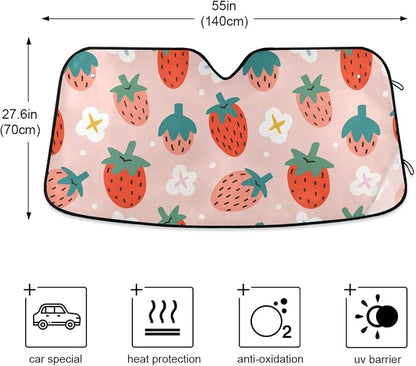 Qilmy Car Windshield Sun Shade Cute Summer Strawberry Cars Visor Front Windshield Sun Protector to Keep Cooler Vehicle Automotive Sunshade Interior Heat and UV Protection 55"x27.6"