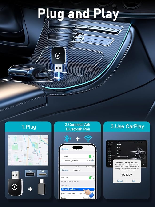 CarPlay Adapter for iPhone, Wireless Car Play Adapter, Converts OEM Wired Apple CarPlay to Wireless, Extension USB & USB-C/Type-C, Low Latency
