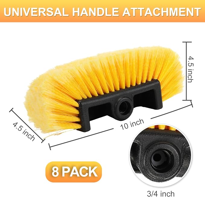 Vesici 8 Pcs Car Wash Brush Head with Soft Detailing Bristle Flow Thru Car Cleaning Brush Exterior Cars Wash Equipment for Auto Truck RV Boat Camper Washing, 10 Inch (Yellow)