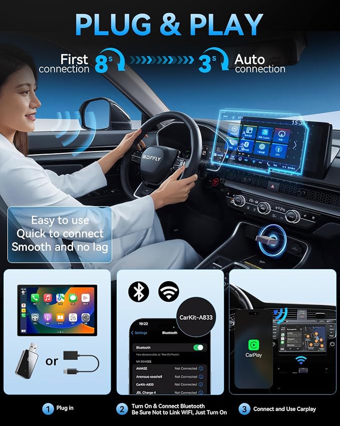 PWAYTEK 2026 Upgraded 2 in 1 Wireless CarPlay & Android Auto Adapter, USB A/C Dongle Convert Factory Wired for iOS 10+ & Android 11+(Black)