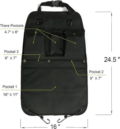 Black Car Seat Back Organizer with Multiple Pockets and Hooks