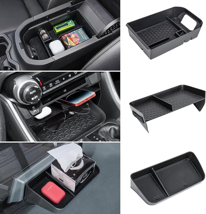 3PCS Center Console Organizer Tray and Armrest Storage Box Compatible with Toyota RAV4 2019-2022 2023 2024 2025 Dash Storage Tray Interior Accessories-Not for New 10.5'' Multimedia Display