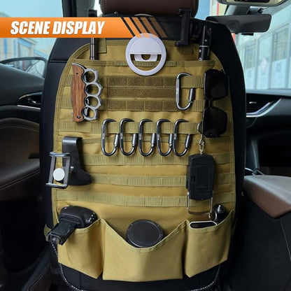 Tactical Molle Car Seat Back Organizer, Vehicle Panel Car Seat Back Cover Protector with 5 Storage Pouch, Universal Backseat Storage Organizer with USA Flag Patch for Car SUV Truck (Khaki-1 Pc)