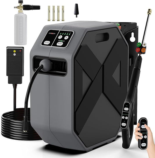 5000PSI Wall Mounted PowerWasher with 4 Quick Connect Nozzles, Foam Cannon for Car, Lane, Patio Cleaning