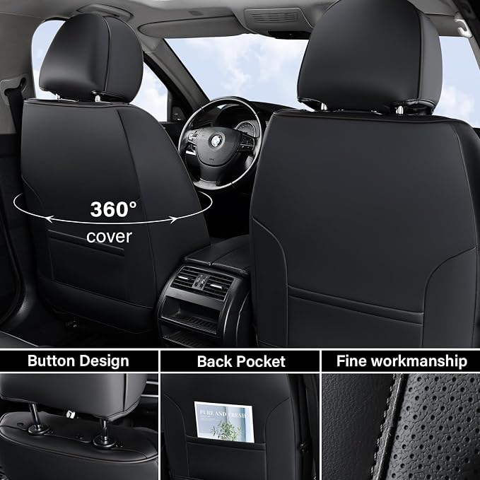 Coverado Car Seat Cover, Front Seat Cover, 2 Pack Universal Seat Covers for Cars, Breathable Nappa Leather Seat Cover, Waterproof Car Seat Protectors, Automotive Seat Covers Fit for Most Cars Black