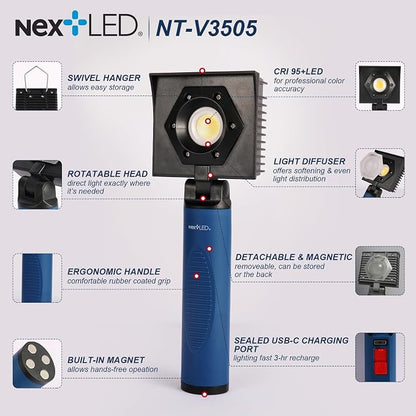 NextLED NT-V3505 Rechargeable Ceramic Coating Light, 1000 LM, CRI 95+, w/Detachable Light Diffuser, for Auto Detailing, Optimal Ceramic Car Coating, Paint Correction Kit, Color Matching Tool