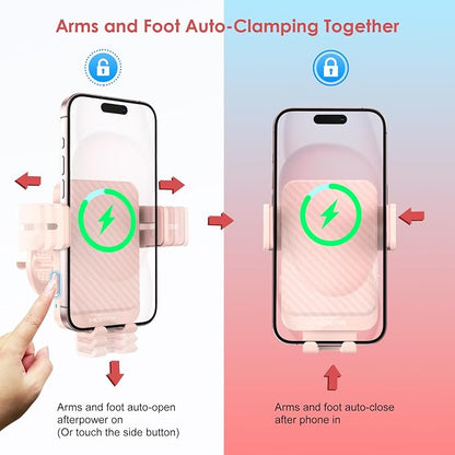 Wireless Car Charger, MOKPR 15W Fast Charging Auto-Clamping Car Charger Phone Mount Air Vent Cell Phone Holder Compatible iPhone 16/15/14/13/13 Pro/12 pro/12/11, for Samsung Galaxy S23/S22/S21, Pink