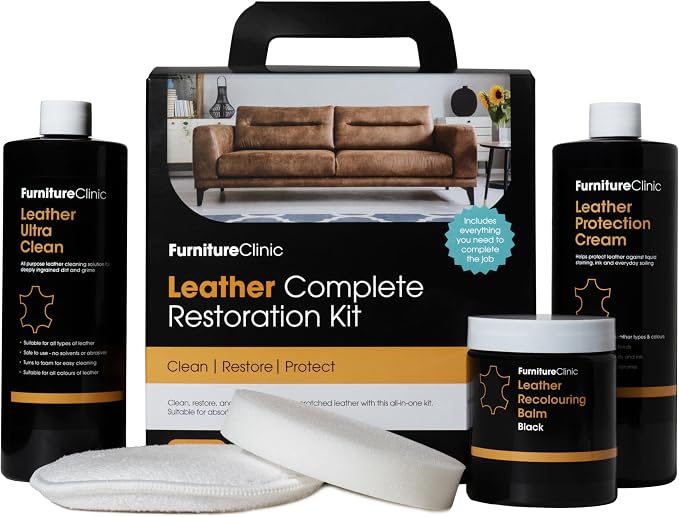 Furniture Clinic Leather Complete Restoration Kit | with Leather Recoloring Balm, Cleaner, 2-in-1 Protection Cream & Conditioner, Sponge, and Cloth | Repair Kit for Furniture (Medium Brown)