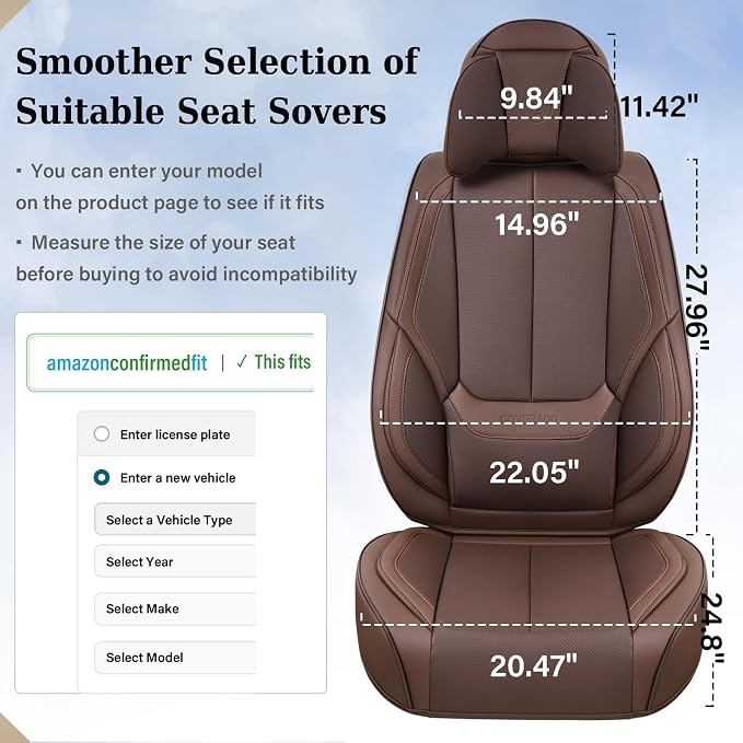 Coverado Front and Back Seat Covers, Waterproof Nappa Leather Auto Seat Protectors Full Set with Head Pillow, 5 Pieces Universal Car Accessories Fit for Most Sedans SUV Pick-up Truck, Brown