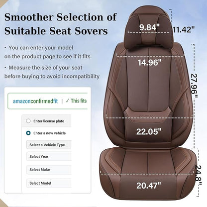 Coverado Front and Back Seat Covers 5 Pieces, Waterproof Nappa Leather Auto Seat Protectors Full Set with Head Pillow, Universal Car Accessories Fit for Most Sedans SUV Pick-up Truck, Brown