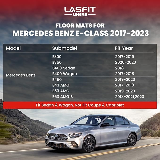 LASFIT Floor Mats for Mercedes Benz E Class 2017-2023 E300 / E350 / E400 / E450/ E43 AMG / E53 AMG / E63 AMG S (Fit Sedan & Wagon Only), All Weather TPE Floor Liners for E Class, 1st & 2nd Row