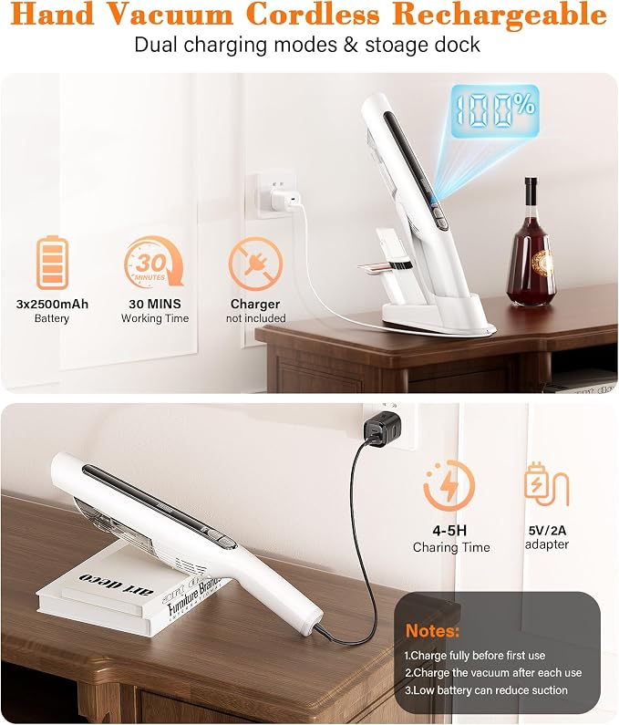 Cordless Handheld Vacuum,24KPA Powerful Hand Held Vacuum,Portable Rechargeable Car Vacuum Cleaner with Brushless Motor,Charging Dock and Washable Filter for Car,Home,Office,Pet Pair,White