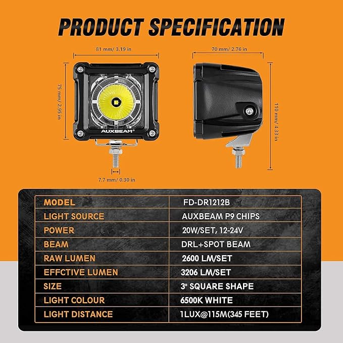 Auxbeam FA Series 3 Inch LED Cubes with DRL 2 Modes Spot Beam Offroad Lights 20W Driving Spotlights A-Pillar Ditch Lights for 4x4 Truck Car ATV Motorcycle, Pair