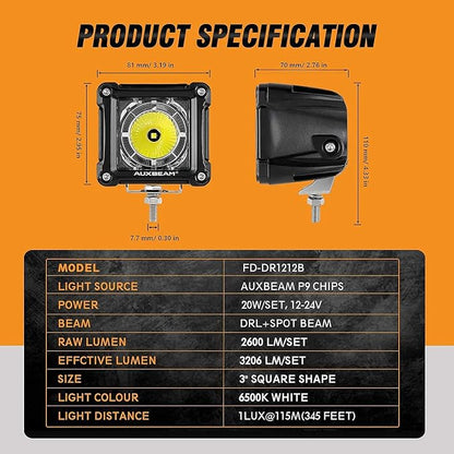 Auxbeam FA Series 3 Inch LED Cubes with DRL 2 Modes Spot Beam Offroad Lights 20W Driving Spotlights A-Pillar Ditch Lights for 4x4 Truck Car ATV Motorcycle, Pair