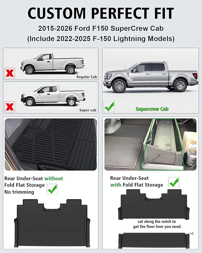Floor Mats Custom Fit for Ford F150/F-150 2026 2015-2025 SuperCrew Cab (Includes 22-25 Lightning Models) All Weather TPE Rubber Floor Liners Anti-Slip Full Set for Ford F-150 2026 Accessories