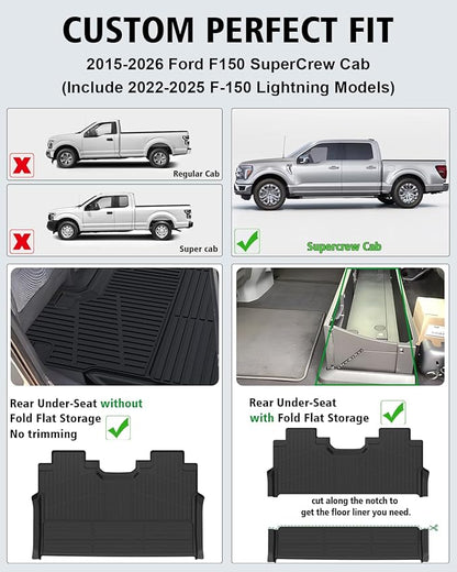 Floor Mats Custom Fit for Ford F150/F-150 2026 2015-2025 SuperCrew Cab (Includes 22-25 Lightning Models) All Weather TPE Rubber Floor Liners Anti-Slip Full Set for Ford F-150 2026 Accessories