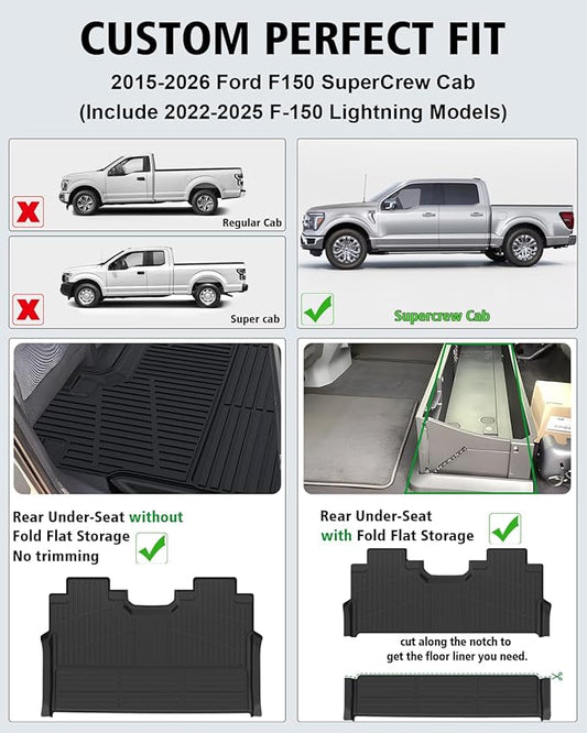 Floor Mats Custom Fit for Ford F150/F-150 2026 2015-2025 SuperCrew Cab (Includes 22-25 Lightning Models) All Weather TPE Rubber Floor Liners Anti-Slip Full Set for Ford F-150 2026 Accessories