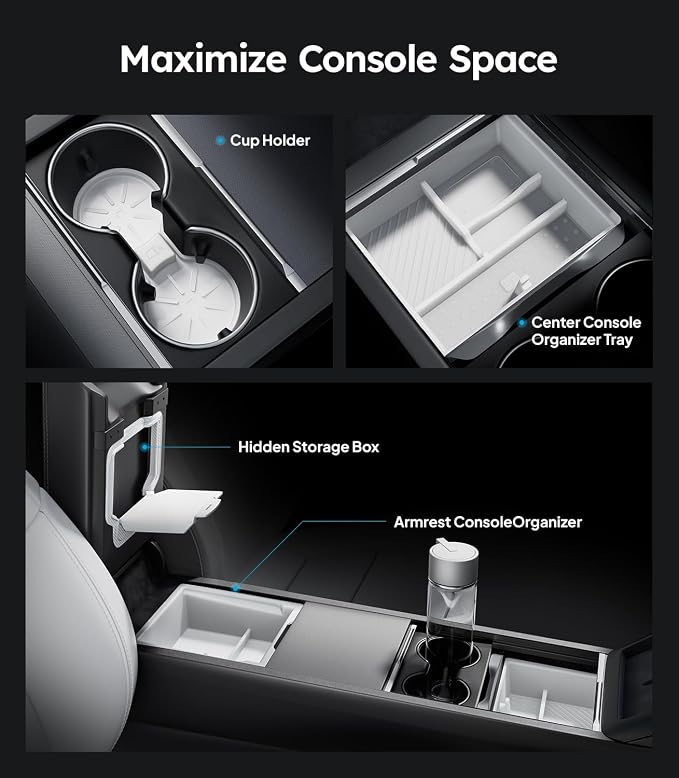 Wigoo Center Console Organizer for Tesla Model Y Juniper (Only Premium & Performance 2025 2026) and All Model 3 Highland Accessories [Double-Layer Storage, Smooth Sliding] 4PCS White
