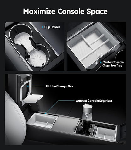 Wigoo Center Console Organizer for Tesla Model Y Juniper (Only Premium & Performance 2025 2026) and All Model 3 Highland Accessories [Double-Layer Storage, Smooth Sliding] 4PCS White